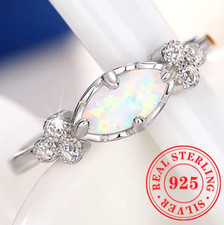 Real Sterling Silver Ring + Box White Fire Opal Oval Zircon Dainty Minimalist