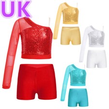 UK Girls Gymnastic Ballet Dance Outfits Sequin One Shoulder Crop Top Shorts Set
