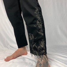 PSYLO G Pants Black Distressed Reworked Trousers Floral XS 38 Alt Goth Emo Punk