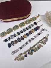 Vintage Gold Tone Gemstone Bracelets Jade Tigers Eye Amethyst Obsidian 1970's x5