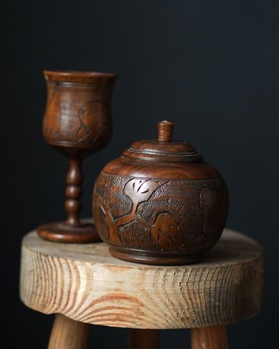 Vintage carved wooden lidded - carved,