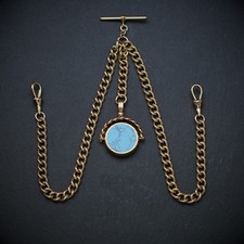 18ct Gold Plated Pocket Watch Double Albert Chain with Turquoise Spinner Fob