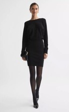 Reiss Lucy Cashmere Wool Blend Black Draped Smart Mini Jumper Dress L (UK 14-16)