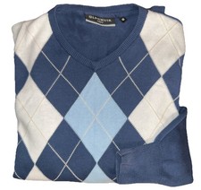 Glenmuir Men's Argyl V-neck Sweater Knitwear Navy Blue Size Medium VGC