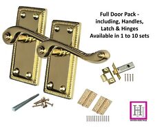 Door Handles Georgian Brass Plated Lever Latch Roped Edge inc Hinges +Tub Latch