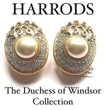HARRODS DUCHESS OF WINDSOR GOLD PEARL CRYSTAL VINTAGE  EARRINGS