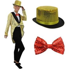 GOLD SEQUIN TAILCOAT TOP HAT & RED BOW TIE HORROR FANCY DRESS COSTUME MUSICAL