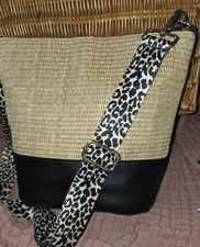STRAW  BAG  With Leopard Skin Shoulder Strap.