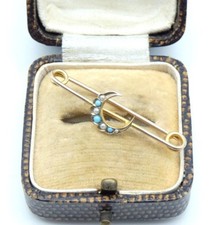 Antique Victorian 9ct Gold Crescent Moon Bar Brooch Stock Pin Turquoise & Pearls