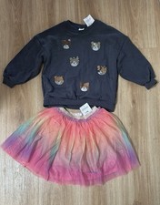 Next Girls sequin bear sweatshirt &rainbow tulle skirt set 4-5 years