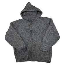 Vintage Aran Knit Cardigan Full Zip Hooded Fisherman Wool Sweater Womens Large