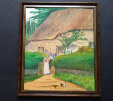 Contemporary Oil Painting, Thatched Cottage, Mother and Child, Chickens