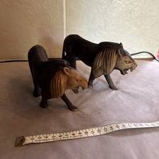 Pair Of Hand Carved Vintage Wooden Lions African safari home decor ornament 