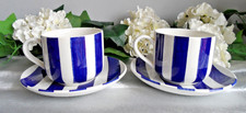 VINTAGE GRINDLEY CABANA STRIPES LARGE BLUE & WHITE TEA CUPS & SAUCERS X2