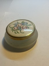 vintage Framecraft porcelain trinket box with an embroidered lid