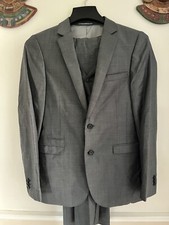 Mens White Label 100% Wool Grey Three Piece Suit W 34” L32” Trousers S Waistcoat