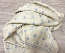 Large Cream Silk Scarf Square With Powder Blue Logo Print 32”