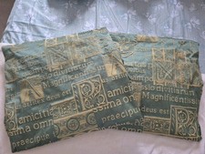 Pair of green/gold Latin Script Unlined Curtains/Craft Fabric