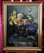 BEAUTIFUL, LARGE STILL LIFE - FLOWERS, VASES, PEARLS. GERMAN SCHOOL  XX CENTURY.