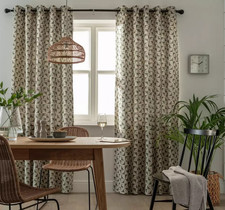 2 Panel Curtain Cabin Geo Print Green Lined Eyelet 168x183cm Cotton -Minor Dirty