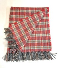 PURE WOOL Fringed Throw/Blanket/UK WOVEN. Peach/Grey Check. Free P+P