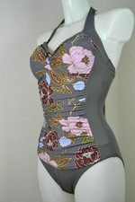NEXT UK 10 SWIMSUIT LADIES GREY SWIMMING COSTUME FLORAL SHAPE ENHANCING 964 NEW