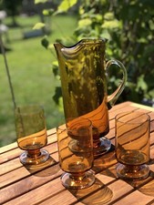 Vintage Mid Century Hand Blown Amber Glass Lemonade Set Pitcher 3 Glasses Vgc