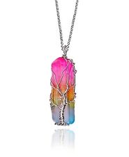 Rainbow Quartz Necklace Tree of Life Pendant Stone Silver Chain Necklace