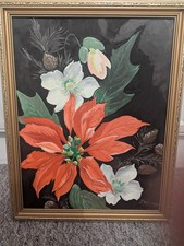 Vintage Floral Painting J. Devenish Poinsettia Signed Framed 50x40cm