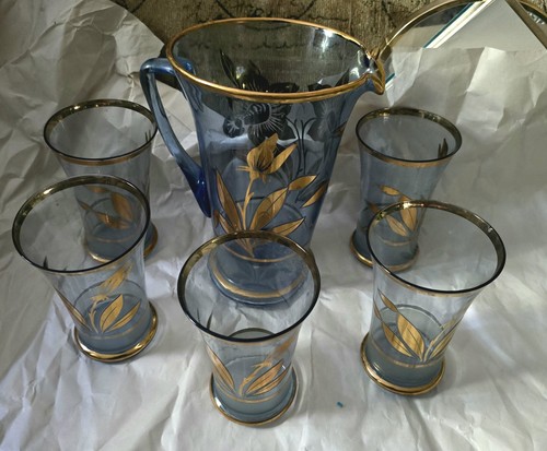 Vintage blue glass pitcher - vintage,