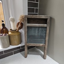 Unusually Small Vintage Ribbed Glass and Wood Washboard