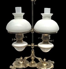 Antique Double Student Lamp, Eltex Burners, Brass With Two White Vesta Shades.