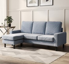 3 Seater Linen Corner Sofa, Reversible Chaise in Blue Upholstered L Shape Couch