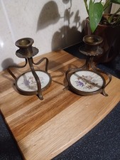 Vintage Pair of Petit Point Needlework and Brass Candlesticks Decorative Floral