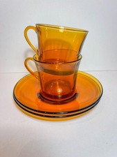Set of 2 vintage mid century Duralex France Amber glass coffee cups and saucers