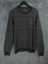 Ralph Lauren Jumper Mens Large Grey 100% Merino Wool Knit Fair Isle Crew RL Pony