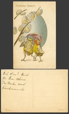 Frohliche Ostern, Happy Easter Birds Chicks sharing an Umbrella Old ART Postcard