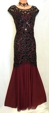 UK 18/20 - Black & Red, Bead & Sequined Stretch Evening Dress/Ball Gown