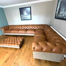 Bespoke Grosvenor Deep Seat  Tan Leather Harris Tweed Corner Sofa (colours)