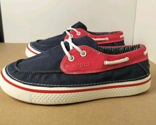 Crocs Hover Unisex US M12/W13.5 Boat Shoes Navy Red Canvas LaceUp Casual Loafers