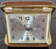 VTG Europa 2 Jewels Travel Alarm CLOCK Gold Face Brown Faux Leather Case Working