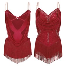 UK Womens Rhinestones Tango Tassel Latin Dance Dress Leotard Ballroom Costume
