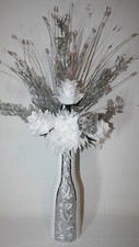 Artificial Silk Flower Arrangement White Flowers Silver Sprays  in Vase.