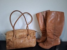Tan Leather Bag And Boots Set