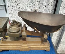 Vintage metal and brass shop retail scales with large pan and 7 weights