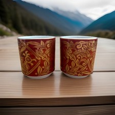 2 Japanese Porcelain Kutani Yaki Saki Cups Red W/ Gilt Gold Ginko Lotus  Bird