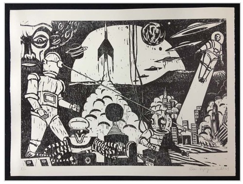Woodcut print by oliver - woodcut, "sf"