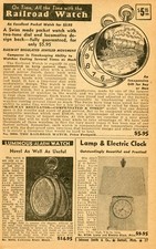 1950 small Print Ad of Swiss Railroad Pocket Watch, Luminous Alarm, Lamp Clock