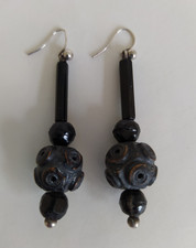 Antique Victorian Carved Bog Oak and Jet Drop Dangly Earrings  -  Hooks