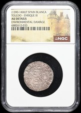 Medieval Coin. Enrique III. Toledo, 1390-1406AD. Billon, T Spain Blanca. NGC AU.